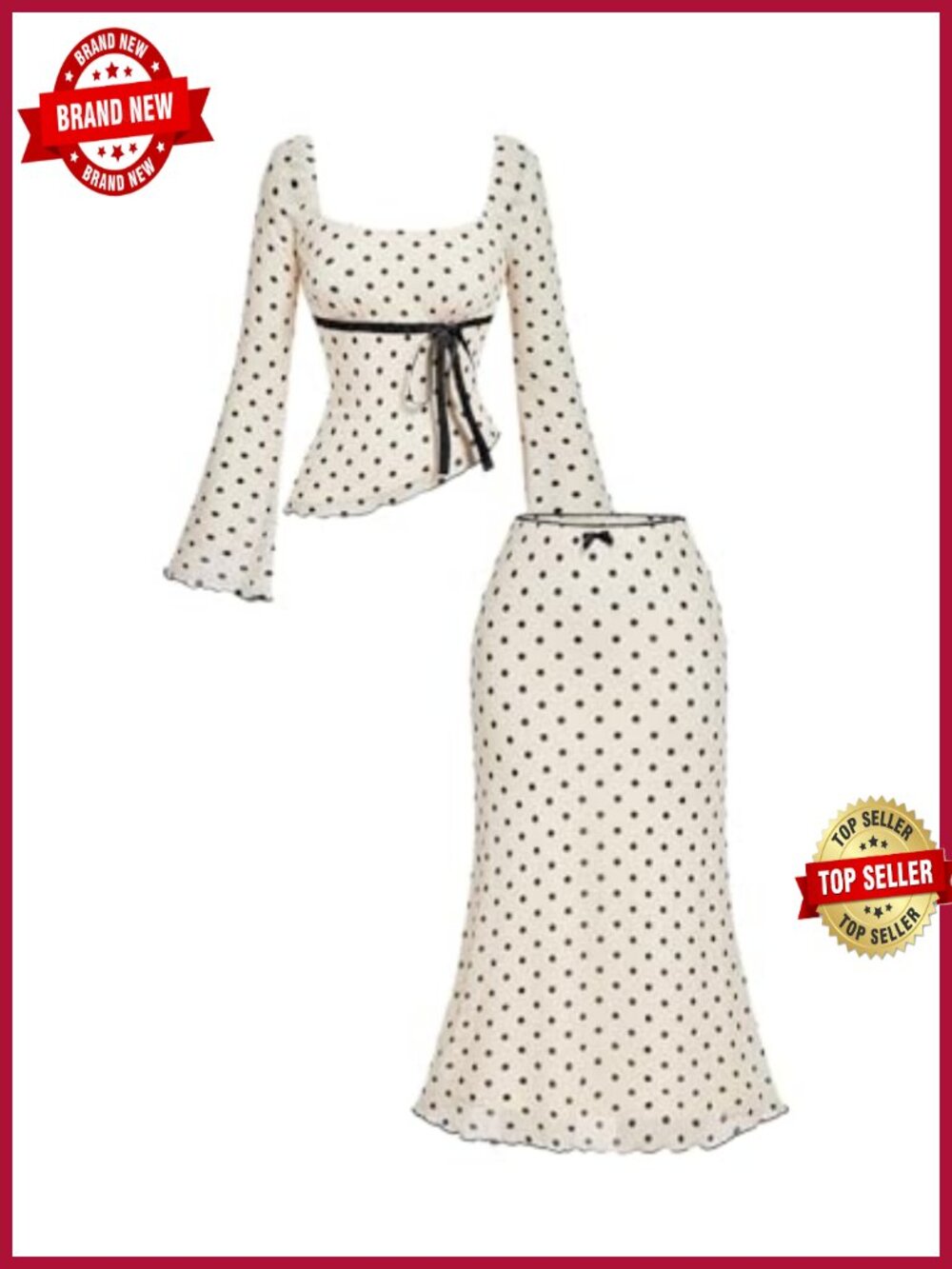 Y2K Polka Dots Long Sleeve Peplum Top and Mesh Skirt Set